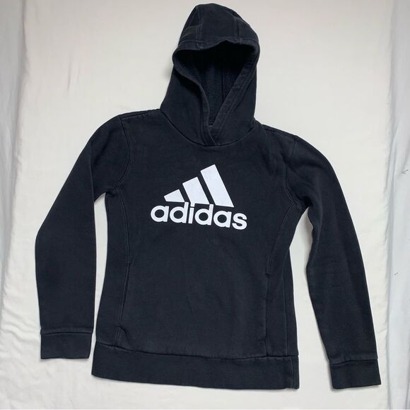 Adidas Black Logo Hoodie Sweatshirt Boy’s Medium 10-12 Pullover Fall Winter - Picture 1 of 5